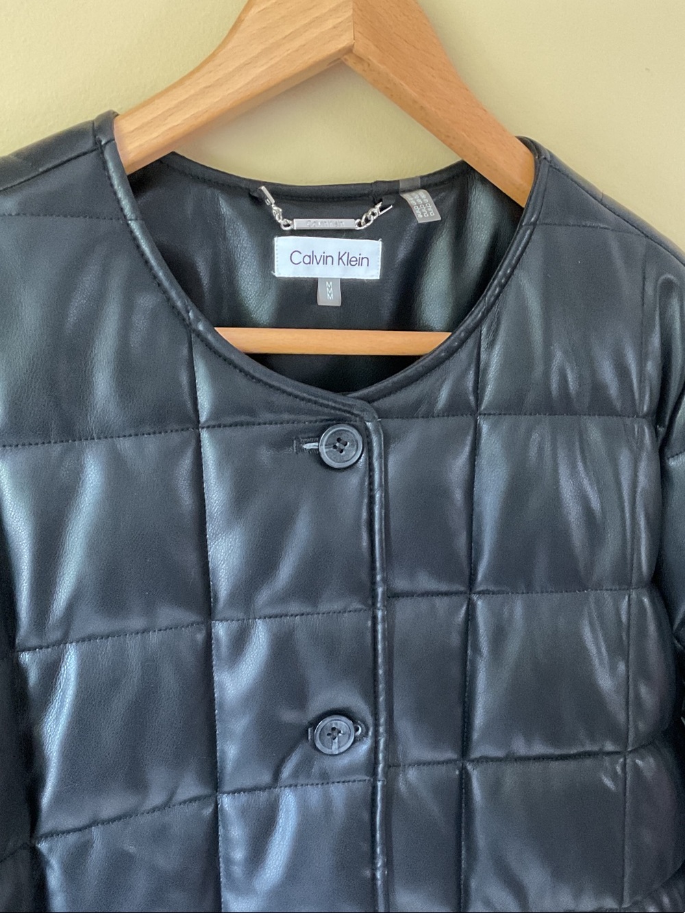 Calvin Klein Black Quilted Faux Leather Button Front Puffer Jacket Size M